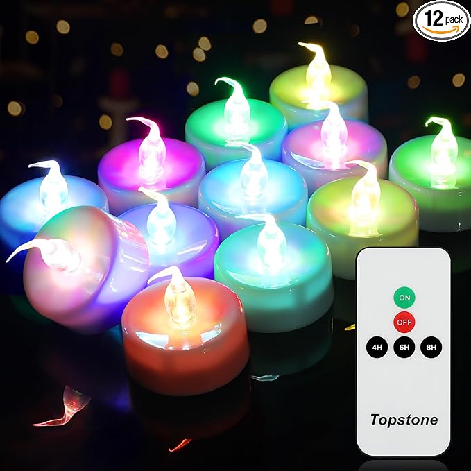 Topstone Color Changing Led Tealight Candles with Remote Control and Timer,Battery Operated Flameless Candle, Votive Candles,Electric Tea Candles for Party,for Indoor Decoration,Pack of 12