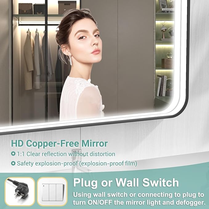 48x28 Inch LED Bathroom Mirror with Lights, Black Metal Framed LED Mirror for Bathroom, 3 Colors and Stepless Dimmable Wall Mounted Lighted Bathroom Vanity Mirror, Anti-Fog, Memory