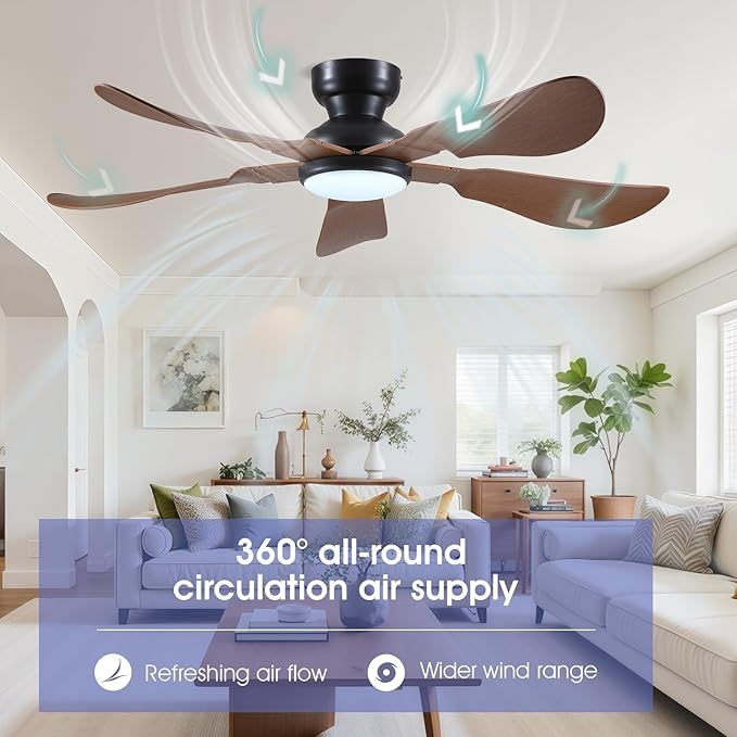 52 Inch Modern Ceiling Fans with Lights, Flush Mount Ceiling Fan with Light and Remote/APP Control, 5 Reversible 6 Speeds Curved Blades, 3 CCT Dimmable Lights for Kids Room, Brown