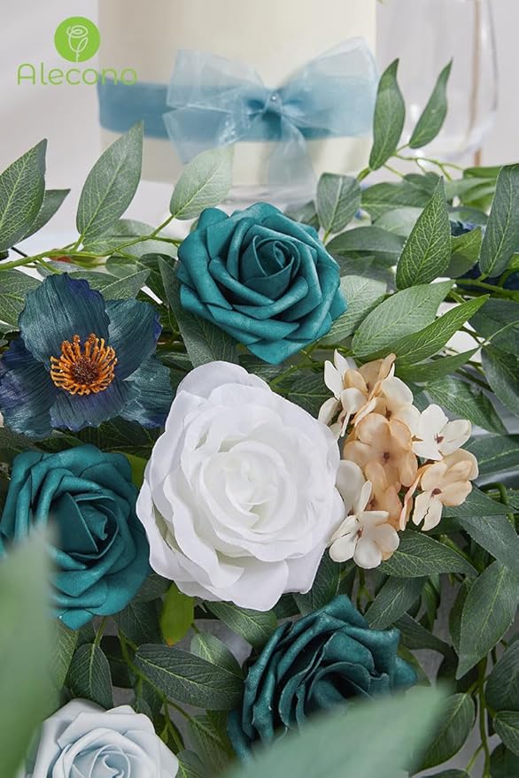 Alecono Artificial Flowers, Silk Flowers with Stems Wedding Flowers Combo Box Set for DIY, Bluish Green Wedding Cake Flowers for St. Patrick's Day Decorations