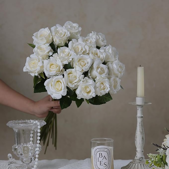 FOTEEWL 60 Pcs Artificial Rose Flower Realistic Faux Silk Roses Stem Fake Roses Bouquet for Flower Arrangement,Wedding Centerpieces,Party,Home Decorations (Beige)
