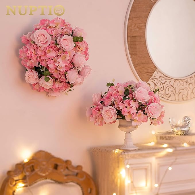 NUPTIO Flower Ball Arrangement Bouquet - 2 Pcs 14.2 inch Diameter Pink Fake Flowers Roses Balls for Centerpieces Tables - Artificial Rose Arrangements for Wedding Centerpiece Table Decorations