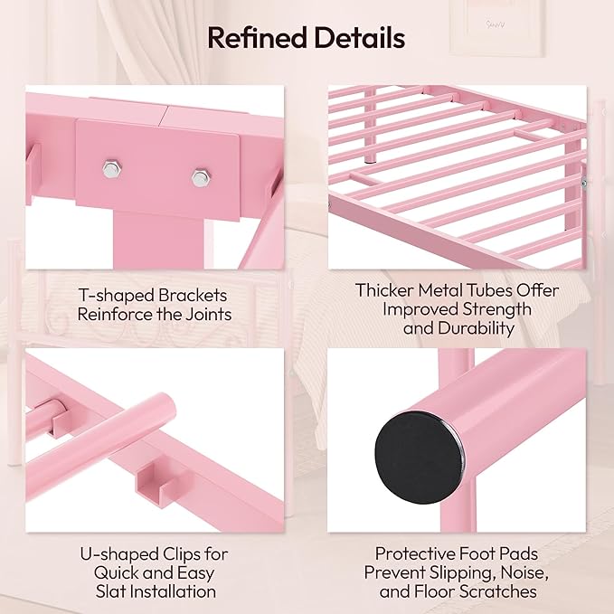 Yaheetech Twin Bed Frames Metal Platform Bed with Headboard and Footboard No Box Spring Needed Easy Assembly,Under-Bed Space: 12.6''/Pink/Twin Bed