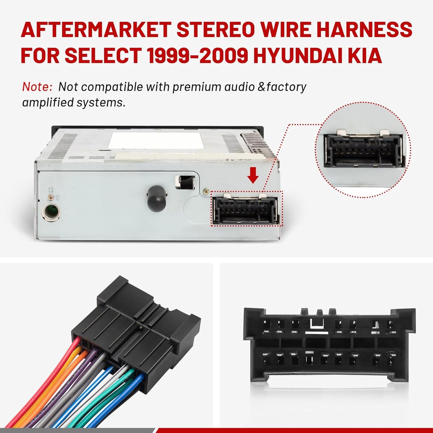 1999-2005 2001-2006 RED WOLF Radio Wiring Harness Fit for Hyundai Sonata Accent Kia Amanti Optima Sedona Aftermarket