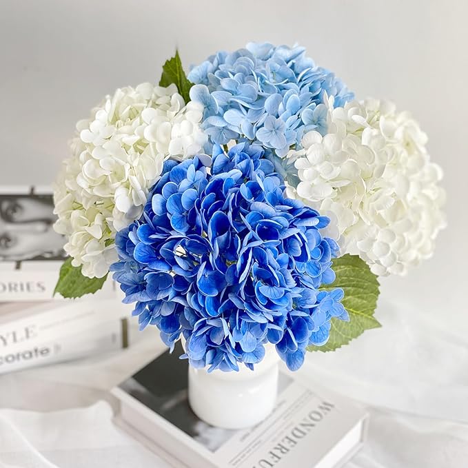 YalzoneMet 4 Pcs Real Touch Hydrangea Artificial Flower Natural Lifelike 21'' Long Stem Latex Hydrangea Flower Gift for Home Party Outdoor Wedding Table Centerpiece Decor 2 White +1 Blue +1 Light Blue