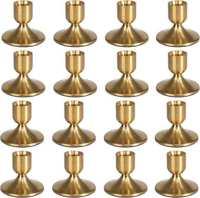 16Pcs Gold Candle Holders Metal Taper Candlesticks Holders Short Skinny Brass Candlestick Holders Candlestick Holders Bulk for Wedding Thanksgiving Centerpieces Christmas Birthday Party Holiday (16)