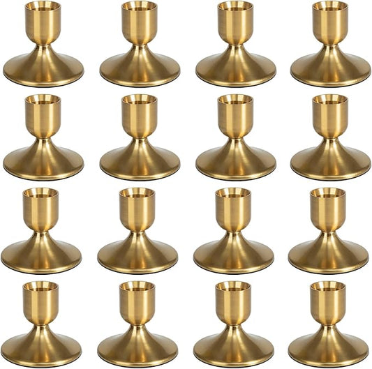 16Pcs Gold Candle Holders Metal Taper Candlesticks Holders Short Skinny Brass Candlestick Holders Candlestick Holders Bulk for Wedding Thanksgiving Centerpieces Christmas Birthday Party Holiday (16)