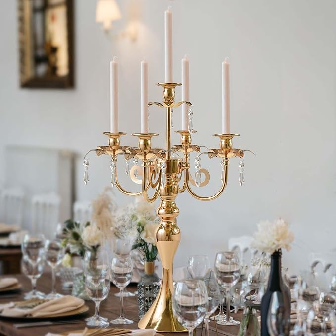 20.3'' Tall 5 Arm Gold Candelabra Centerpiece for Table, Metal &Crysyal Candle Holder, Retro Candelabra/Candlestick Table Centerpieces for Party, Events, Home, Wedding Decor (1pc, Gold)