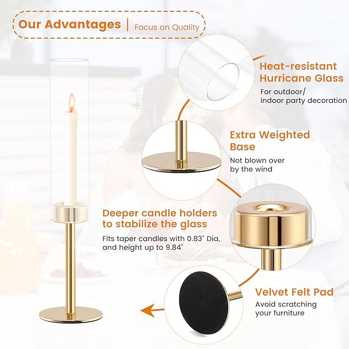 Glass Hurricane Candlestick Holders, Rose Gold Taper Candle Holder Set, Vintage Candelabra, Great Gift for Home Decor Aesthetic, Birthday Parties, Fireplace Parties,Thanksgiving Day & Christmas