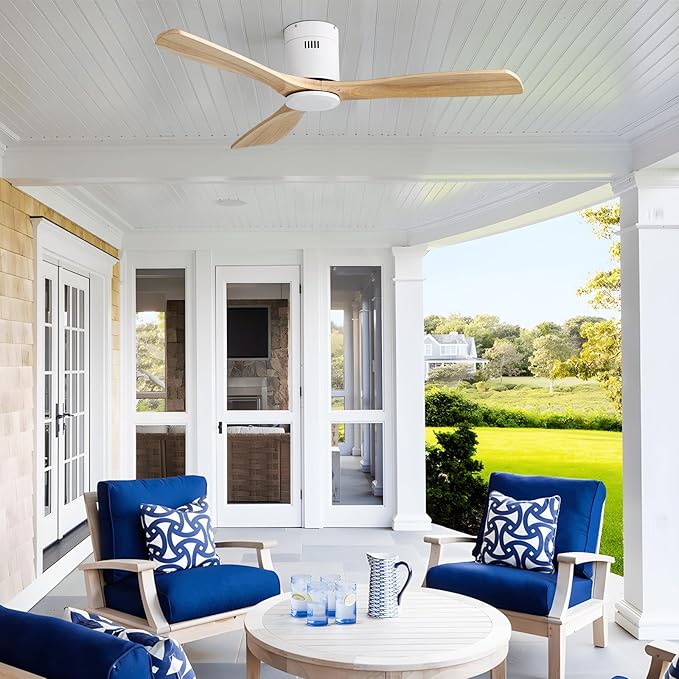 Sofucor 52 Inch Ceiling Fan No Light, Solid Wood Ceiling Fans Without Lights Remote Control, Reversible DC Motor, 6-Speed, Flush Mount Indoor/Outdoor Ceiling Fans for Patios, Bedroom and Farmhouse