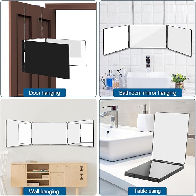 360° Viewing Mirror for Hair Cutting and Styling, Adjustable Height Mirror for Grooming, Makeup and Shaving, Clear HD Glass, Portable for Bathroom or Travel (Black)