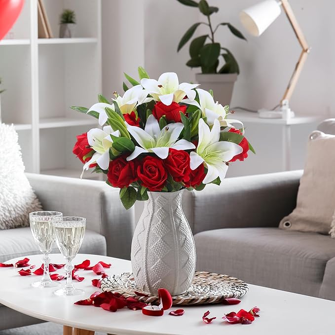 Hotop 20 Pcs Artificial Flowers Velvet Realistic Roses and Latex Lilies Flowers Bouquet Decorations Arrangements for Home Table Centerpieces Independence Day(White, Red)