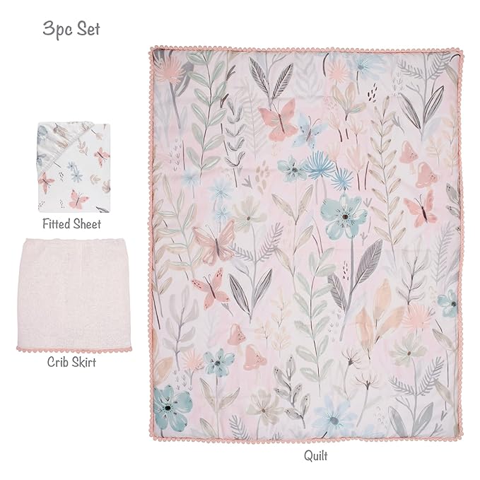 Lambs & Ivy Baby Blooms 3-Piece Pink Floral/Butterfly Baby Crib Bedding Set