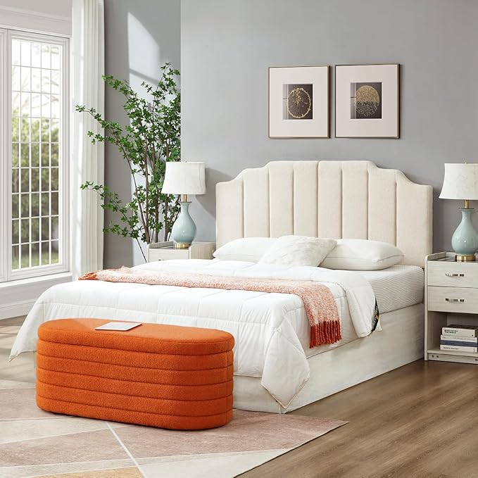 24KF Cream Teddy Fabric Tufted for Queen Upholstered Headboard, Modern Vertical Channel Design Full Headboard with Stepped Silhouette Top Edge, 6026-Q-Teddy Cream