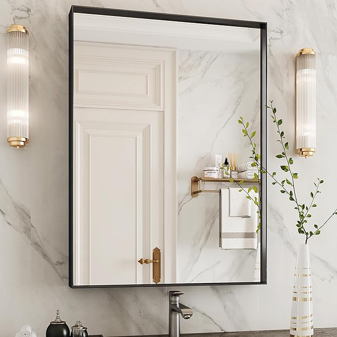 Suidia Bathroom Mirror, 30" x 22" Wall Mirror Metal Framed, Bathroom Vanity Mirror for Living Room Bedroom Bathroom Entryway, Black, Rect Corner Style