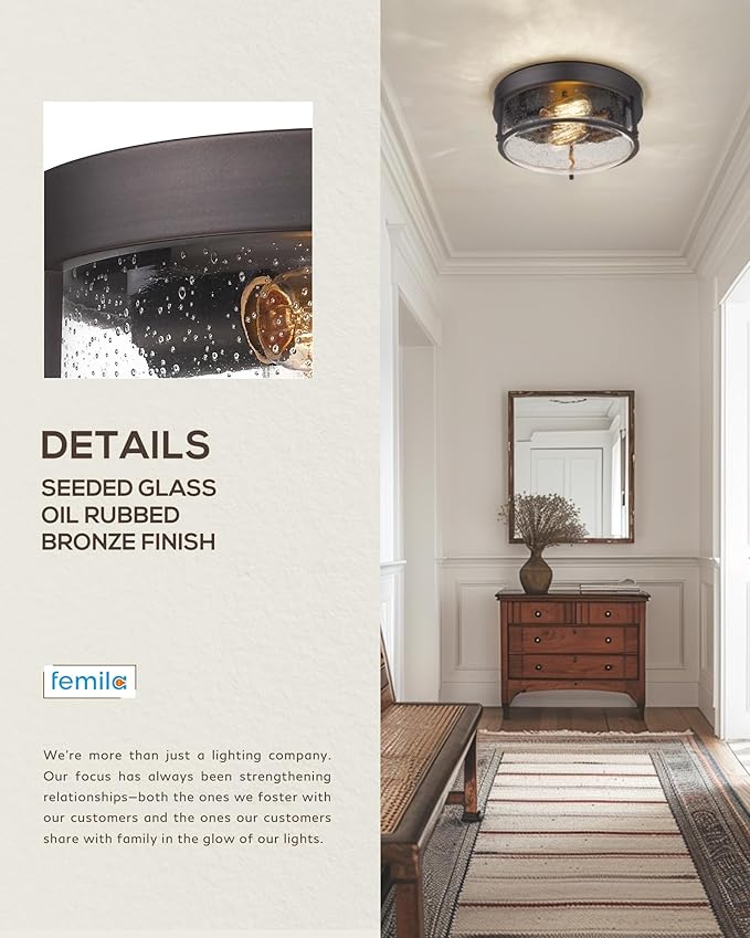 FEMILA Flush Mount Light Fixture, 12" Ceiling Light Fixtures, Farmhouse Porch Ceiling Lighting Outdoor, Oil Rubbed Bronze with Seeded Glass Shade,4FTJ22-F ORB