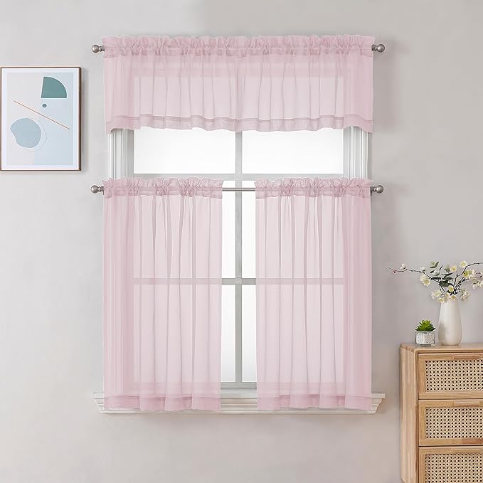 Chyhomenyc Blush Pink Sheer Curtains 30 inch Length 2 Panels, Light Filtering Voile Rod Pocket Short Window Curtians for Bathroom Living Room Farmhouse Small Windows, 42Wx30L inches
