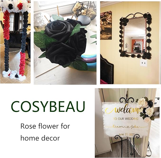 Artificial Black Flowers Fake Roses 50 PCS, DIY Flower Heads with Stem for Crafts Bouquets for DIY Wedding Decorations Centerpieces Arrangements Party Home Garden Decor