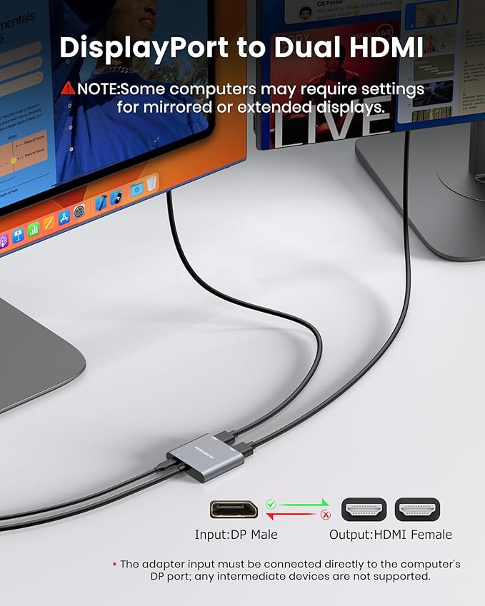 4K 60Hz DisplayPort to Dual HDMI Adapter, MST Splitter for Dual Monitor Extender, Supports Extended & Mirror Mode, Plug and Play, USB Power Cable Included