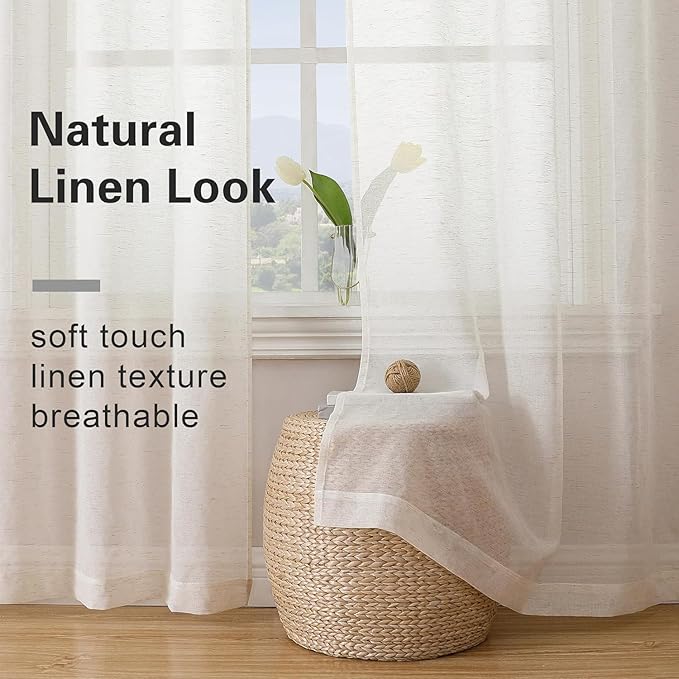 Aiyufeng Linen Sheer Curtains 63 Inch Length 2 Panels for Living Room, Farmhouse Light Filtering Voile Linen Drapes for Bedroom, Patio, Sliding Door, Each 40" W x 63" L