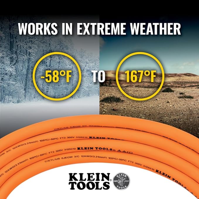 Klein Tools EXC2515 12/3 SJEOW 25-Foot Extension Cord, LED Ends, Daytime Visibility, Flexible in Cold Weather, 99.9% Copper Wire, 15A, Indoor/Outdoor