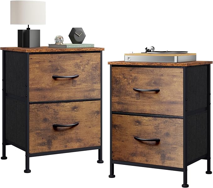 WLIVE Nightstand Set of 2, 2 Drawer Dresser for Bedroom, Small Dresser with 2 Drawers, Bedside Furniture, Night Stand, End Table for Bedroom, College Dorm, Rustic Brown Wood Grain Print