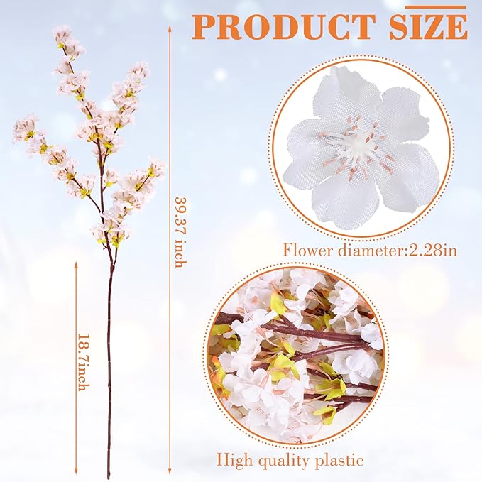 Giegxin Set of 8 Silk Cherry Blossom Branches Cherry Blossom Tree Stems Long Stem Artificial Flowers for Tall Vase Flowers for Home Wedding Vase Floral Arrangements, 39.37 Inch(White)