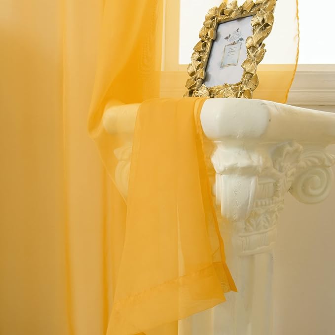 HUTO Gold Yellow Sheer Window Curtains 108 Inches Long for Bedroom Girls Rod Pocket Window Sheer Panels Drapes 2 Panels Curtains for Living Room Canopy Bed Nursery