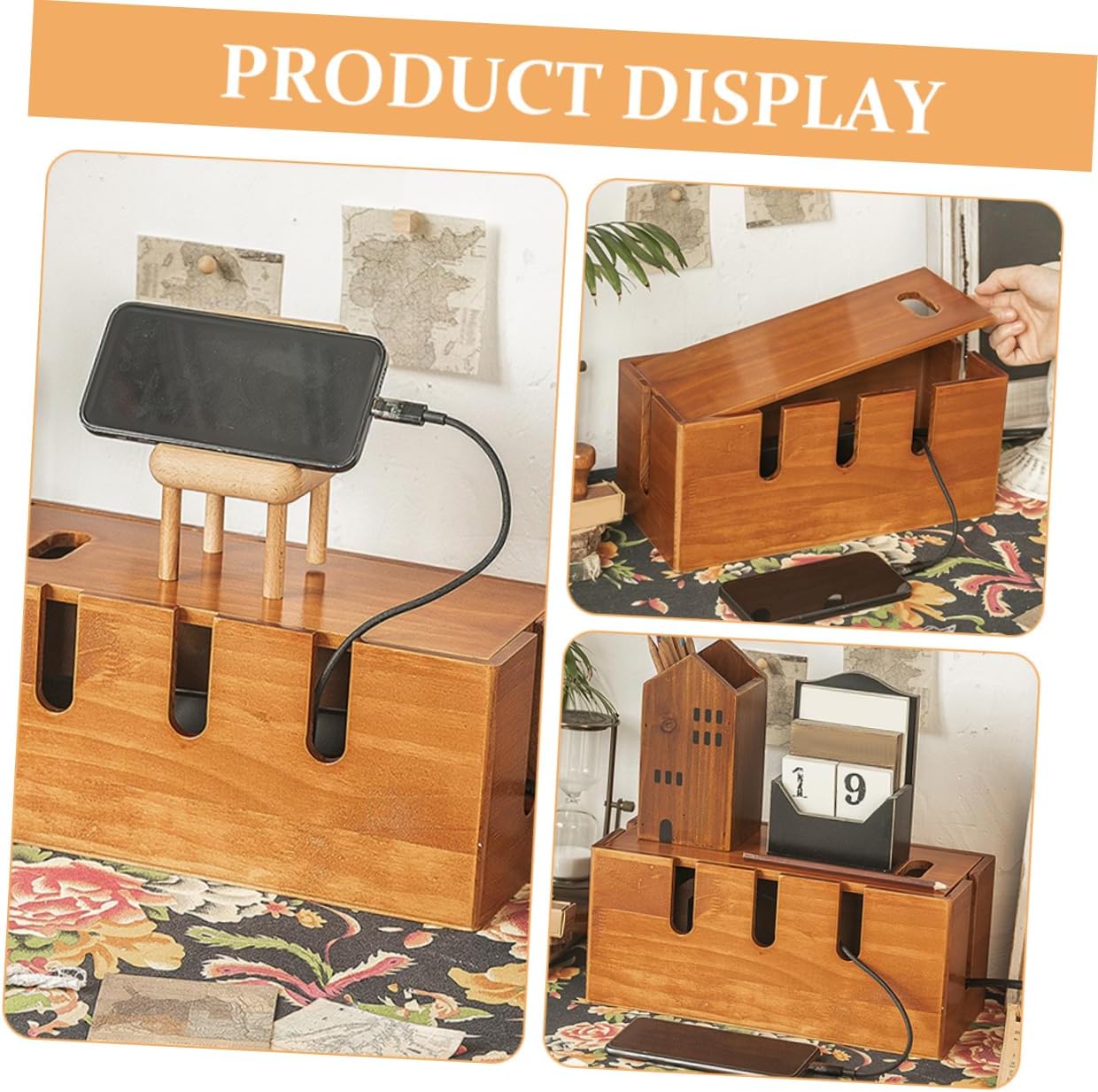 Zerodeko Wooden Cable Management Box, Cord Organizer for Phone Charger, Wire Organizer Container, Desk WiFi Storage Rack