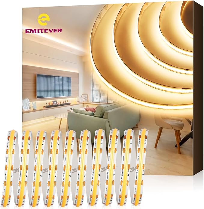 EMITEVER COB LED Strip Lights Warm White 32.8ft, 3000K 24V Dimmable Tape Light Premium High Density, 305LM+/ft, 4800LEDs, Ra 90+, 3W/FT, UL Listed for Cabinets, Shelves(Power Supply Sold Separately)