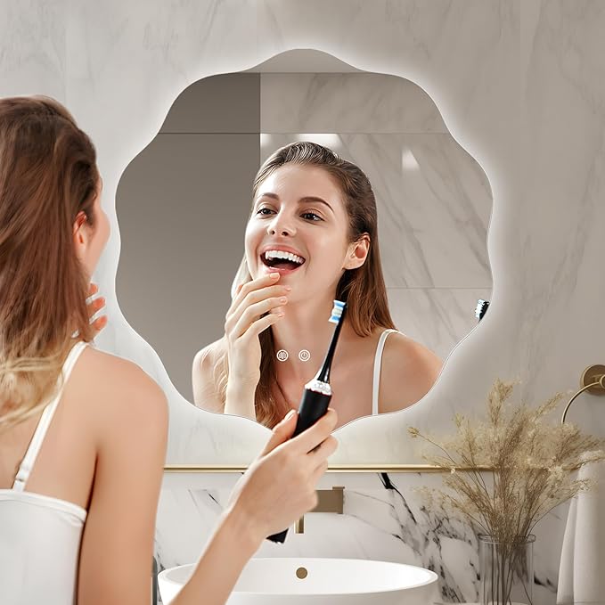 WallBeyond LED Bathroom Mirror with Lights, 24'' Wavy Round Light Up Bathroom Mirror, Anti Fog Led Mirror for Bathroom, 3 Colors and Dimmable Light