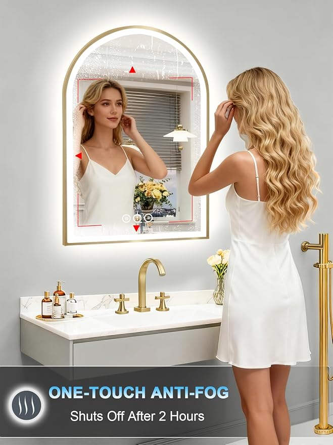 20x30 Inch Arch LED Bathroom Mirror, Gold Lighted Bathroom Mirrors Wall Mounted, Vanity Mirror with Anti-Fog, Memory Function, 3 Color Temperature, Dimmable Led Mirror for Bathroom