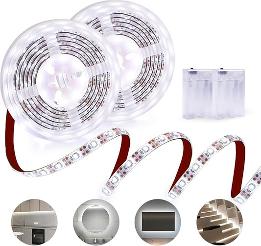 Battery Powered Led Strip Lights White, LED Strip Lights Waterproof Battery Operated Led Light Strip, Flexible, Cuttable Led Strip Lights for PC TV Mirror Kitchen Cabinet Shelves, Room Decor 13.2FT