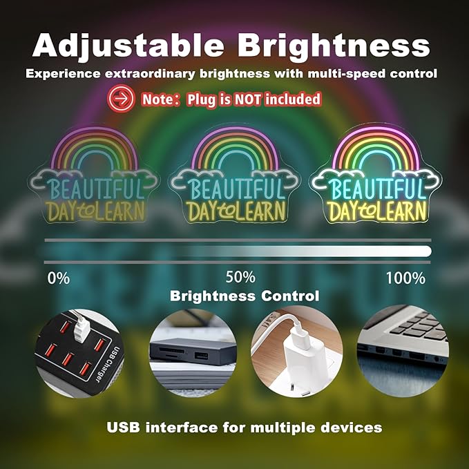 Beautiful Day to Learn LED Neon Sign, 16.5"x12.6" USB Powered, Dimmable, 5V/2A, for Classroom, Study Cornor Home, Gift, Office, Bedroom, Lifelong Learner