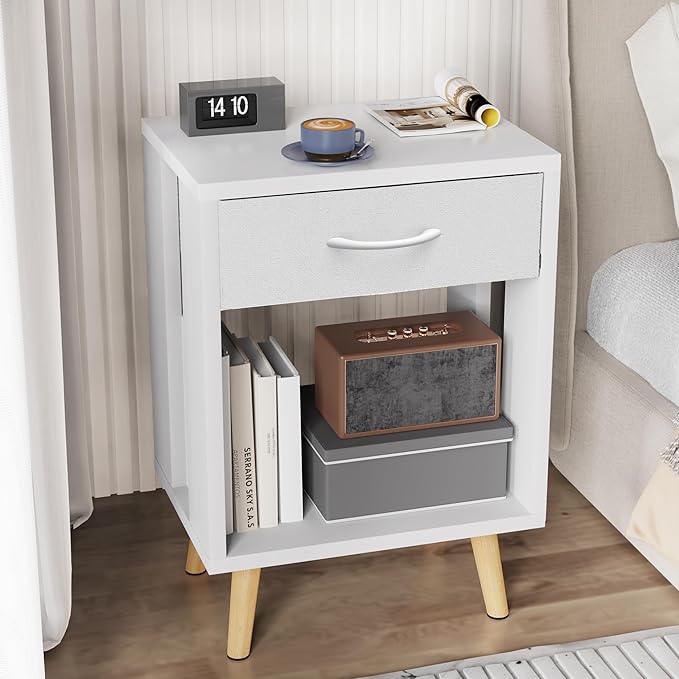 GYIIYUO Nightstands Set of 2 with Fabric Storage Drawer and Open Wood Shelf, Side Table with Storage for Bedroom, Night Stand with Drawer for Bedroom, Bedside Tables - White 24" H