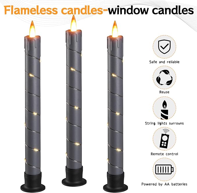 Da by 3 Pcs Flickering Flameless Battery Operated Taper Candle-Window Candles with Remote and Time-LED 3D Dynamic Flame-9.6 Inches for Wedding, Party,Home Decoration-Grey
