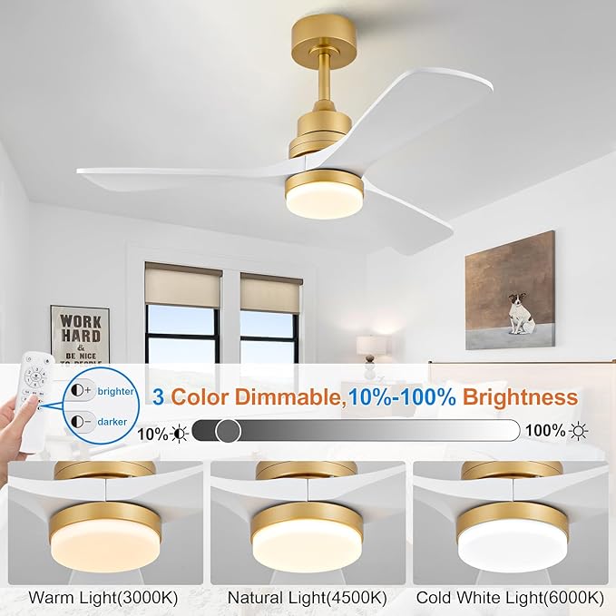 BOJUE 42 Inch Wood Ceiling Fans with Lights and Remote, White Gold Outdoor Ceiling Fan with Light, Dimmable 3 Blades Outdoor Fans for Patios Noiseless Modern Ceiling Fans for Bedroom Living Room