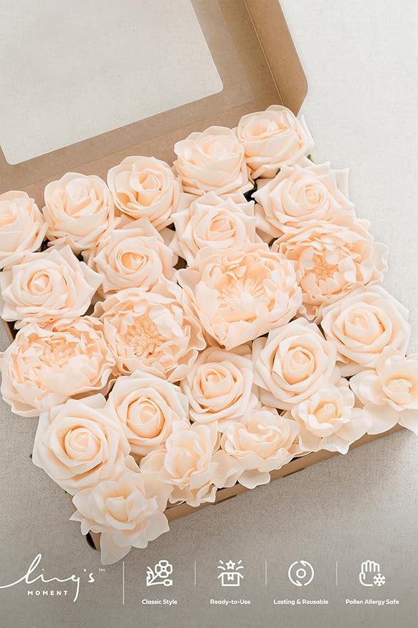 Ling's moment Artificial Flowers Fake Roses Gardenia Faux Foam Peony Combo for DIY Wedding Bouquets Centerpieces Arrangements Bridal Shower Party Home Decorations, Blush, 23pcs