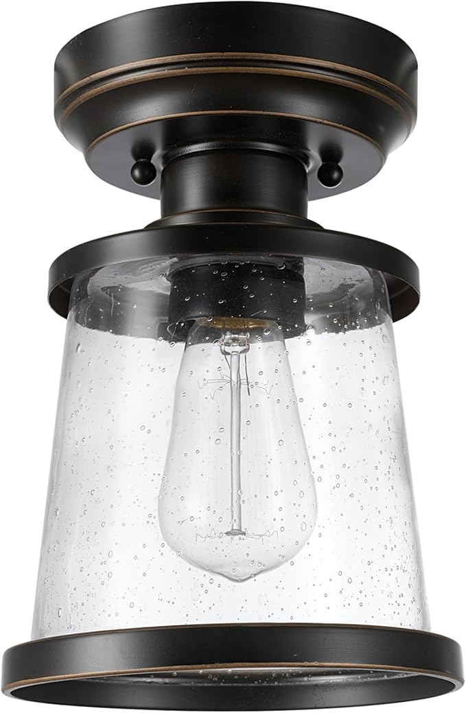 GLOBE Electric 44301 Charlie 1-Light Outdoor/Indoor Semi-Flush Mount Ceiling Light, Oil Rubbed Bronze, Clear Seeded Glass Shade, Bulb Not Included