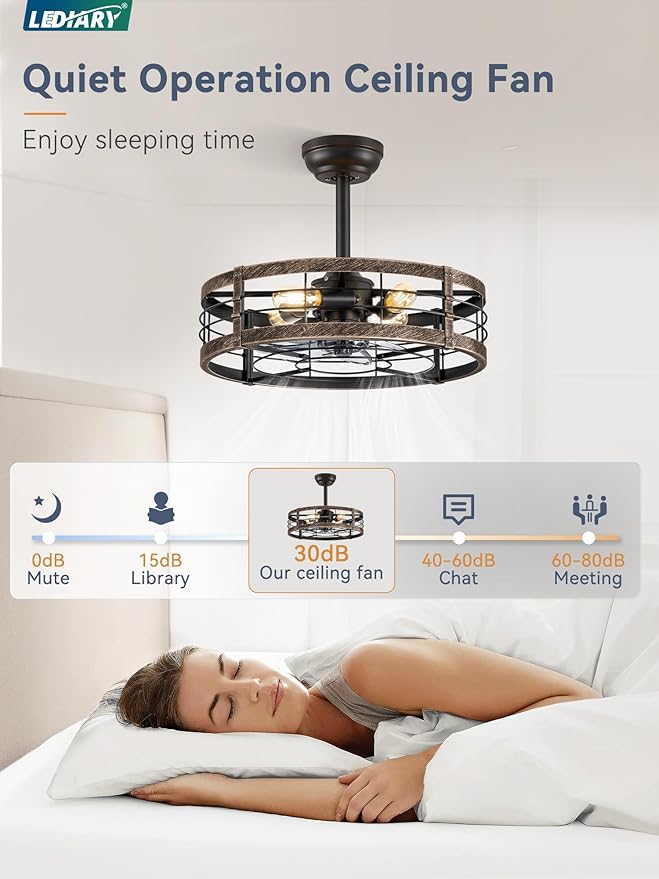 LEDIARY 20 Inch Fandelier Caged Ceiling Fan with Light, Bladeless Ceiling Fan with Remote, Small Farmhouse Fan Lights Ceiling Fixtures for Kitchen, Bedroom-Black and Gold