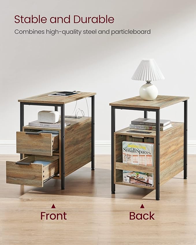 VASAGLE Side End Table with Charging Station, Slim Nightstand with 2 Drawers, Narrow Bedside Table for Living Room, Small Spaces, Turquoise Brown and Ink Black ULET321B60