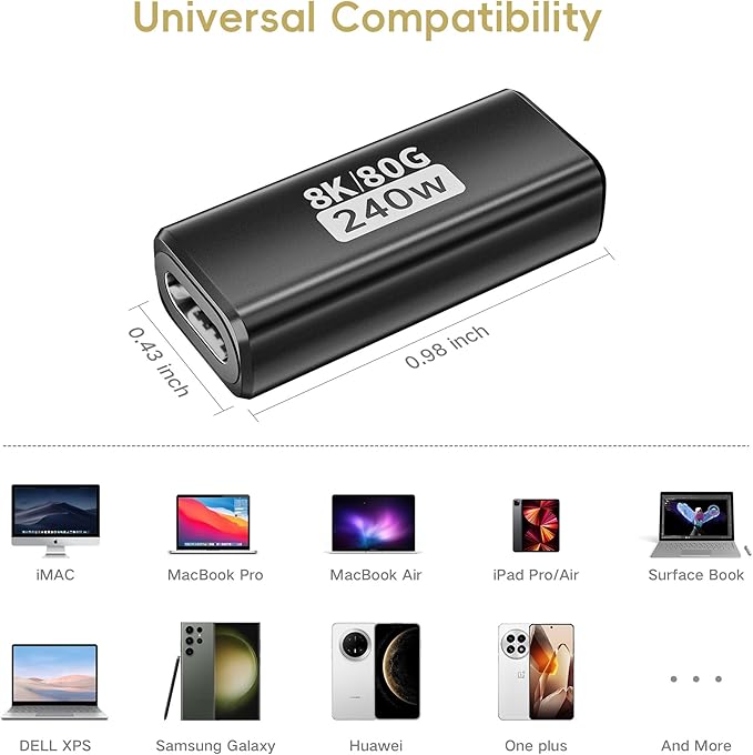 240W for USB C Thunderbolt 5 Coupler Female to Female 2Pack, Support 120Gbps Bandwidth, 80Gbps, 16K, Dual 8K, 4K 540Hz, Triple 4K 144Hz for Thunderbolt 4 / 3, iPhone 17, USB4, Razer Blade, Mac mini M4