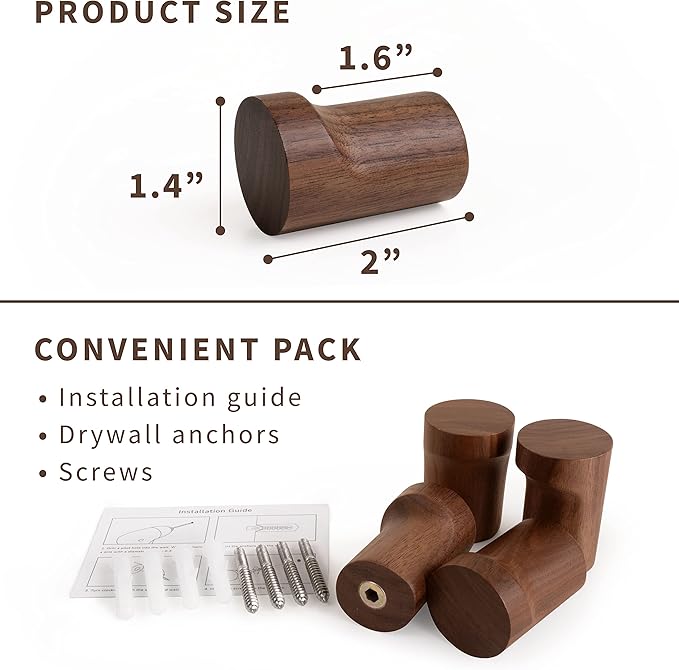 Natural Wooden Wall Mounted Hooks - Pack of 4 - Modern - Handmade Decorative Wood Pegs Minimalist for Hanging Hat, Coats (Black Walnut Wood)