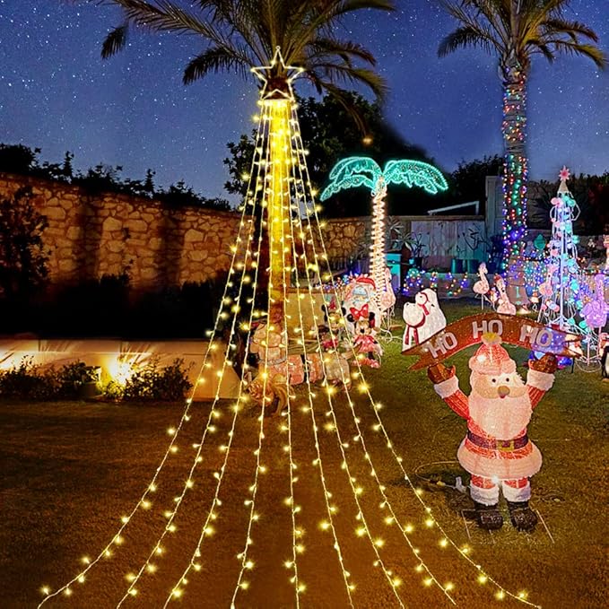 FUNIAO (New) Christmas Decoration Lights, 320 LED Waterfall Christmas Tree Lights with 12" Star Topper, 8 Modes Indoor Outdoor String Lights for Yard, Party, Home, Holiday (Warm White)