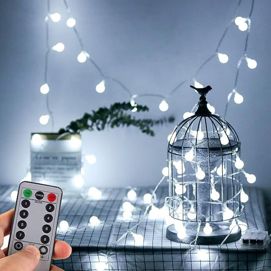 WERTIOO Battery Operated String Lights 33ft 100 LEDs Globe Christmas Lights with Remote Control for Outdoor/Indoor Bedroom,Garden,Christmas Tree[8 Modes,Timer ] (White)