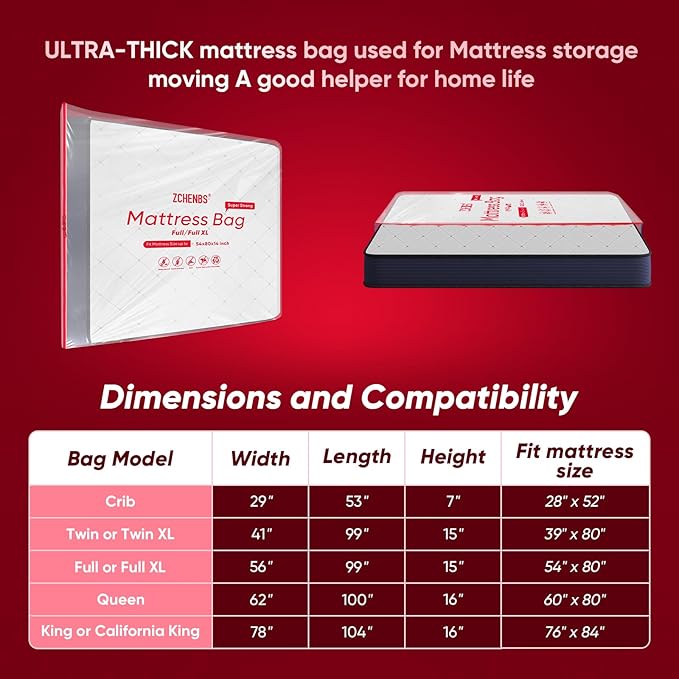 ZCHENBS® – Mattress Bags for Moving and Storage,Mattress Bag with Zippers,5 Mil Ultra-Thick Bed Bag,Waterproof,Anti-Tear,Heavy-Duty Mattress bag (Transaparent/Red, Full/Full XL-(1 Pack))