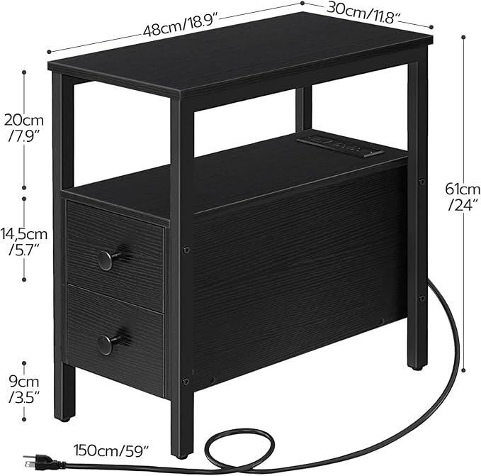 HOOBRO Set of 2 End Tables with Charging Station, Narrow Side Table with Drawers & USB Port & Power Outlets, Nightstand for Small Spaces, Living Room, Stable and Sturdy, Black BK541BZP201