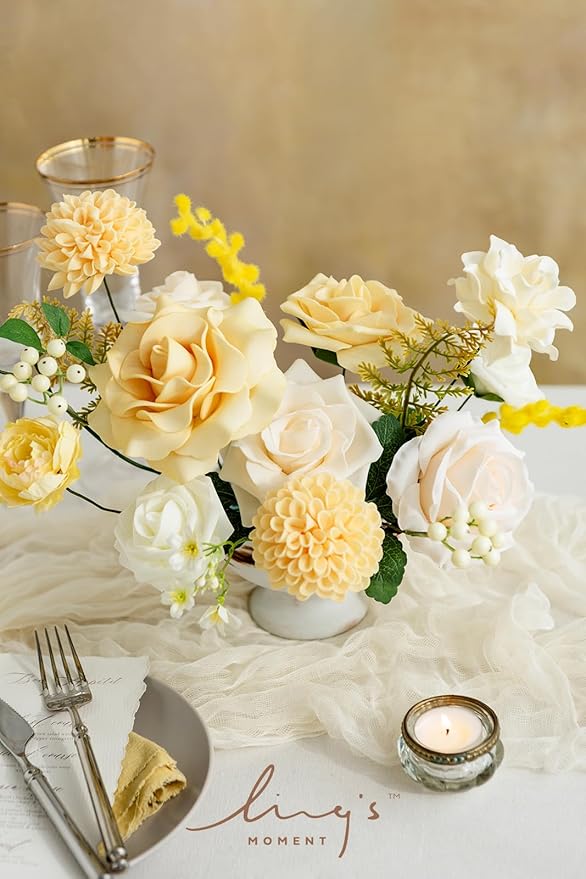 Ling's Moment Artificial Flowers Fake Silk Roses Faux Foam Dahlia Combo for DIY Wedding Bouquets Centerpieces Arrangements Bridal Shower Party Home Decorations, Creamy Yellow & Cream, 24pcs