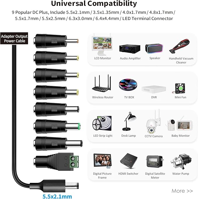Tonton 12V 1A 10ft AC/DC Long Power Supply Adapter Cord 12W Wall Charger AC 100V-240V to DC 12 Volt with 8 Tips for LED Strip Light, CCTV Camera, BT Speaker, GPS, Webcam, Router, UL/CE/FCC Certified