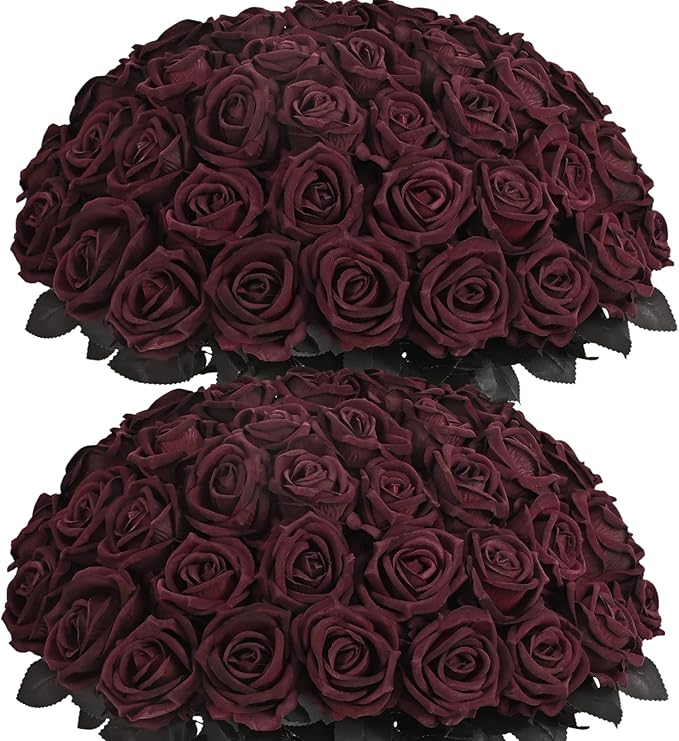 BLEUM CADE 50 Pcs Black Roses Artificial Flowers, Real Touch Velvet Roses Fake Flowers Bulk, Artificial Roses Bouquet with Long Stems for DIY Table Centerpiece Halloween Decorations